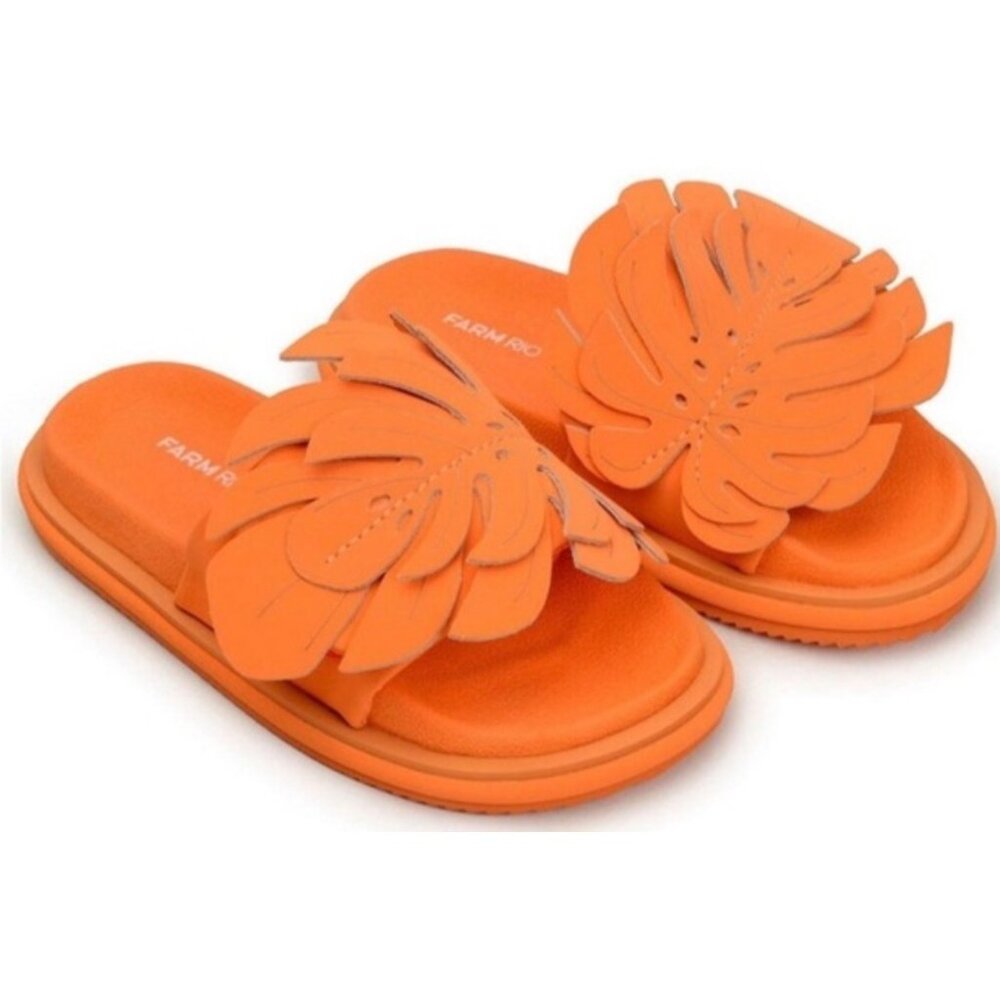 Farm Rio Monstera Anatomic Slide Sandals Orange Size 7 New In Box - Picture 2 of 11